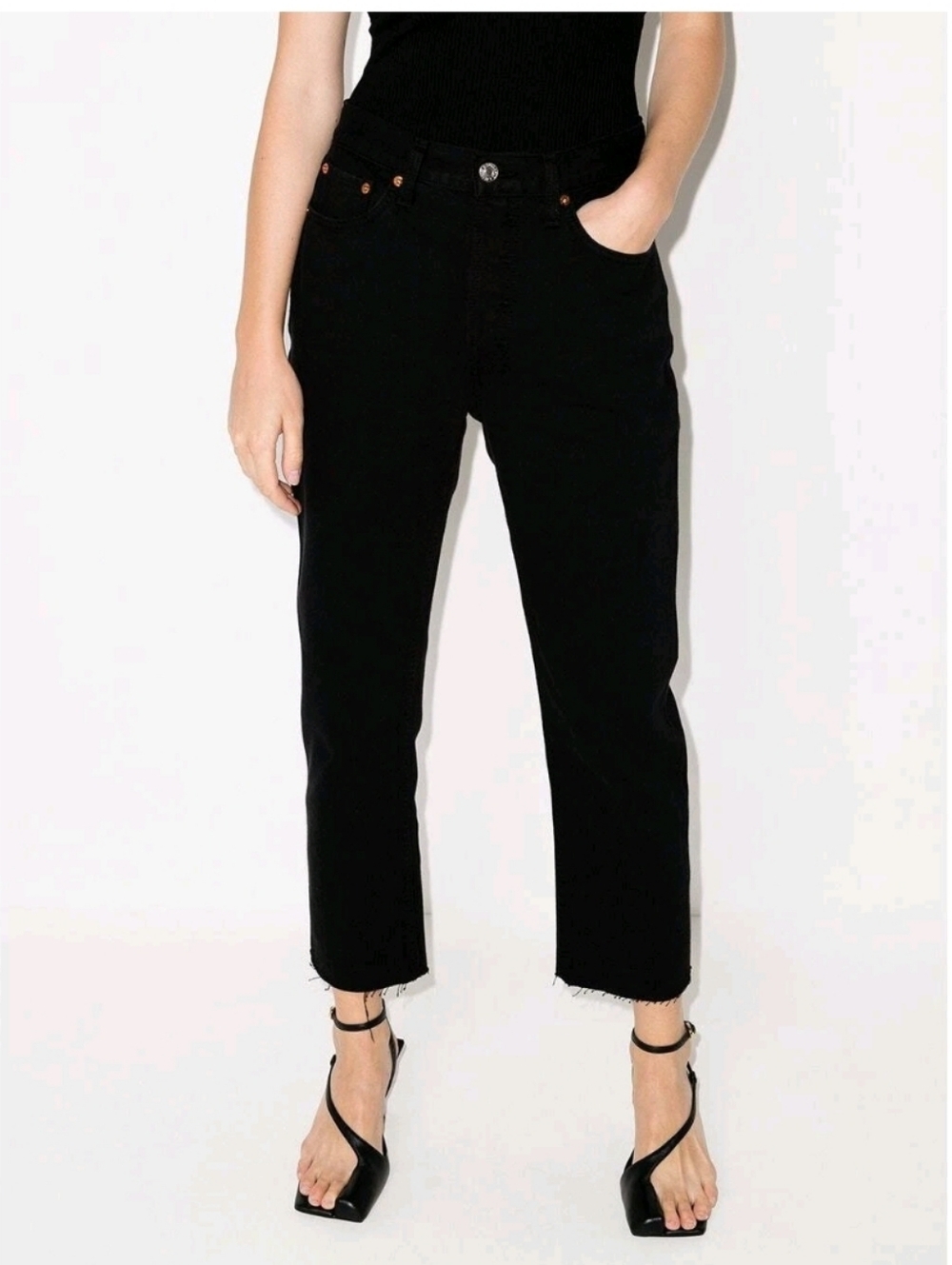 RE/DONE 70s Stove Pipe Jeans Black High Rise Straight Crop Raw Hem Size 30